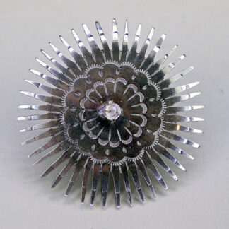 Scarf Slide- 44 Point Star with a clear gemstone and smooth soldered loop. Compact 2.25″ design for regalia, bandanas, and neckerchiefs. one of a kind.