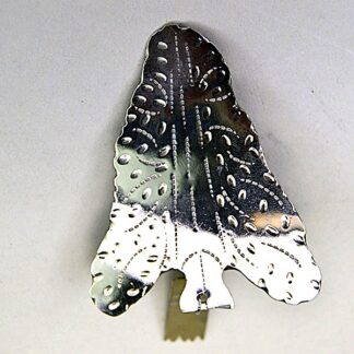 German silver Scarf Slide- Arrowhead with stamped designs and rectangular drop. Handmade piece in very good condition, measuring 4″ by 2.25″.