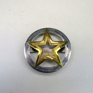 Hand‑stamped Brass Star Scarf Slide with German silver circle base. Measures 2.5″ x 2.5″. Bold, compact accessory for regalia, bandanas, and neckerchiefs.