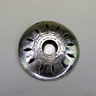 Scarf Slide- Dome Shaped German silver with hand‑stamped oval cutout design. Measures 2.5″ x 2.5″. Bold, compact accessory for regalia and bandanas.