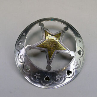 Handmade German silver Scarf Slide- Hearts & Stars, a brass accent, and a maker’s mark. Measures 3″ for bold regalia or everyday neckwear.