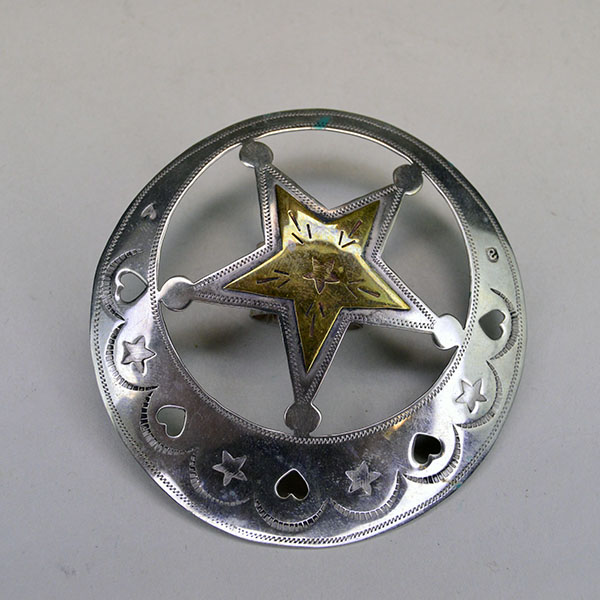 Handmade German silver Scarf Slide- Hearts & Stars, a brass accent, and a maker’s mark. Measures 3″ for bold regalia or everyday neckwear.