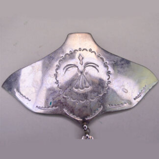 Stamped German silver Scarf Slide- Manta Ray Shape with hand stamped waterbird motif and tail detail. Measures 4.5″ x 4″. One of a Kind.