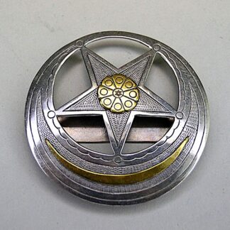 Scarf Slide- Star & Moon with brass accents, maker’s mark, and smooth soldered loop. Compact 2.25″ design for regalia and bandanas.