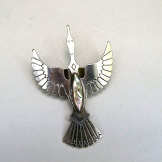 German silver Scarf Slide- Waterbird Abalone Gem, stamped, RI on the back and sized 3.5″ × 2.5″. Great for securing scarves, bandanas, or neckerchiefs.