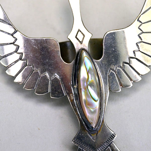 German silver Scarf Slide- Waterbird Abalone Gem, stamped, RI on the back and sized 3.5″ × 2.5″. Great for securing scarves, bandanas, or neckerchiefs. The center with the Abalone Gem stone.