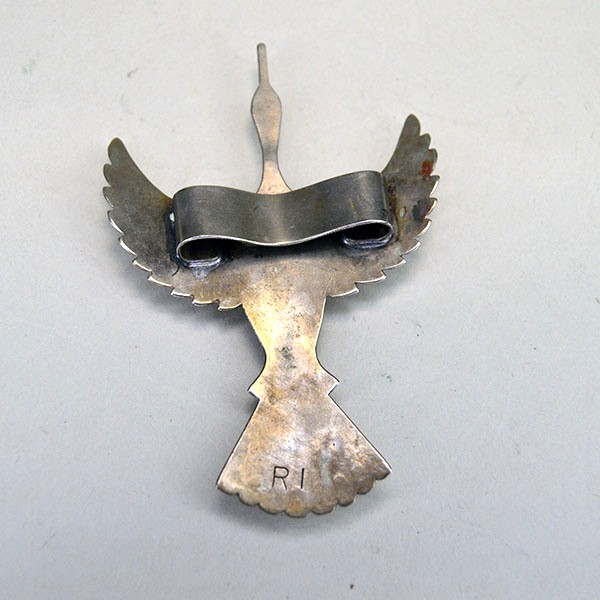 German silver Scarf Slide- Waterbird Abalone Shell, stamped, RI on the back and sized 3.5″ × 2.5″. The back showing the attached metal loop for the scarf to slide through