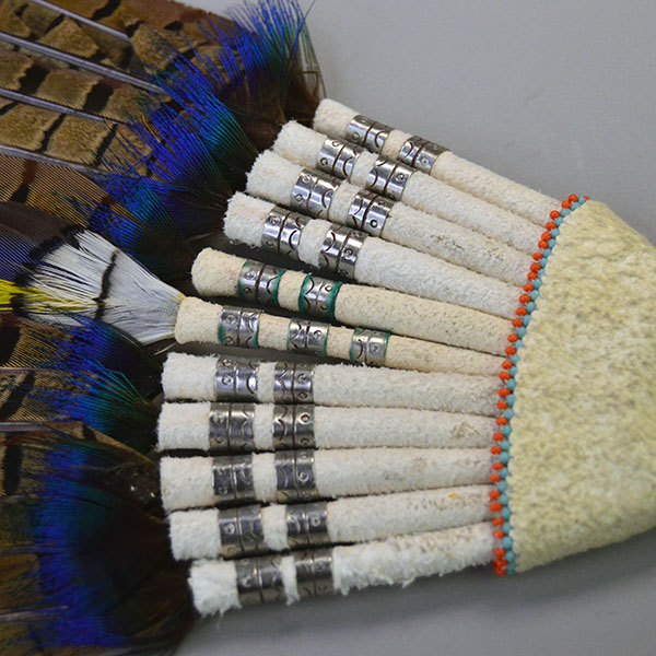 Fan Loose Pheasant Feathers with beaded handle wrapped quill with silver bands detail