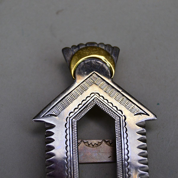 Scarf Slide Brass Moon Concho German Silver top detail