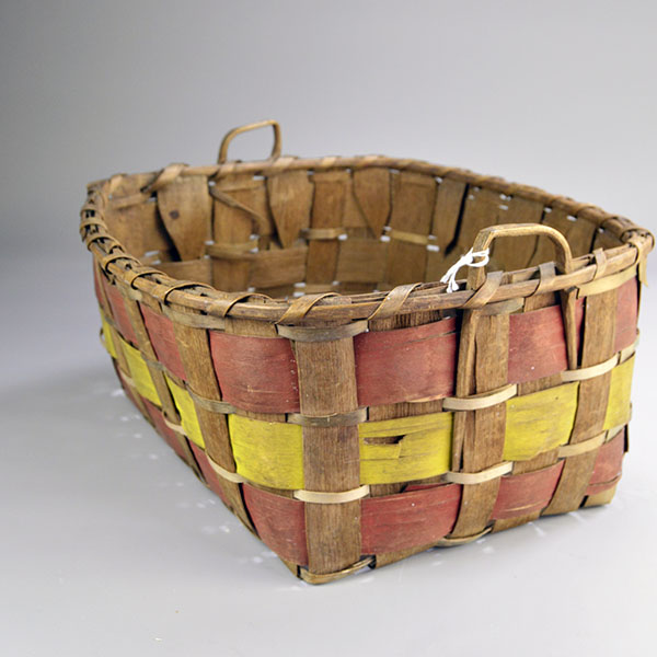 Antique Basket- Ash painted Splints with red and yellow painted splints, circa 1850s, measuring 13" x 13" x 6.25". One of a Kind. And the other end of the ash basket.