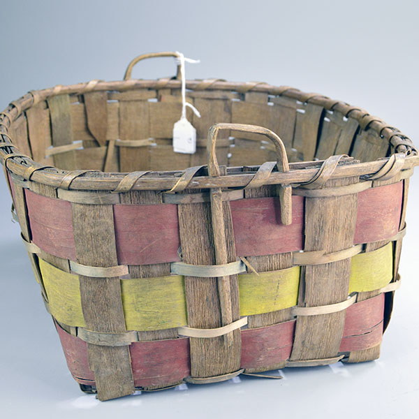 Antique Basket- Ash painted Splints with red and yellow painted splints, circa 1850s, measuring 13" x 13" x 6.25". One of a Kind. The other end of the painted Ash basket.