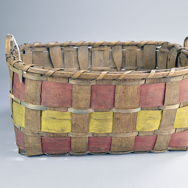 Antique Basket- Ash painted Splints with red and yellow painted splints, circa 1850s, measuring 13" x 13" x 6.25". One of a Kind. The other side of the painted ash basket.