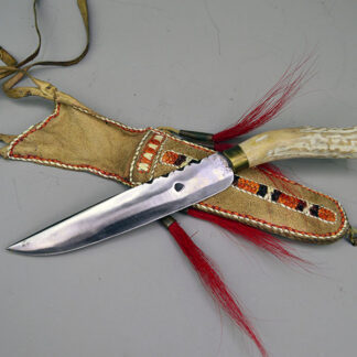 Quilled Braintanned Knife Sheath- Quilled with Knife set with birch‑bark lining, copper‑cone deer‑hair drops, and a 13‑inch overall length. One of a Kind.