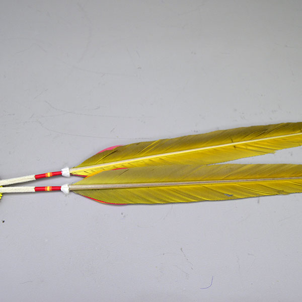 Add vibrant color and traditional craftsmanship to your regalia with this Macaw & Rosette Scalp Feather Set. This colorful piece features detailed beadwork. pictured here is the back of the macaw feathers.