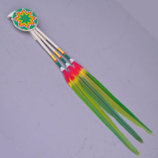 Scalp Feathers- 3 Green Macaw with a 1.25″ beaded rosette, leather wraps, thread accents, and ermine details. Measures 10″ overall.