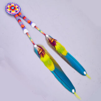 Scalp Feathers- Peyote Stitch with a 1.5″ beaded rosette, 2″ peyote stitch, thread wraps, ermine accents. Feathers measure 7″; full piece measures 12″.