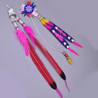 Scalp feather set with colorful accents and a buffalo nickel and rosette.