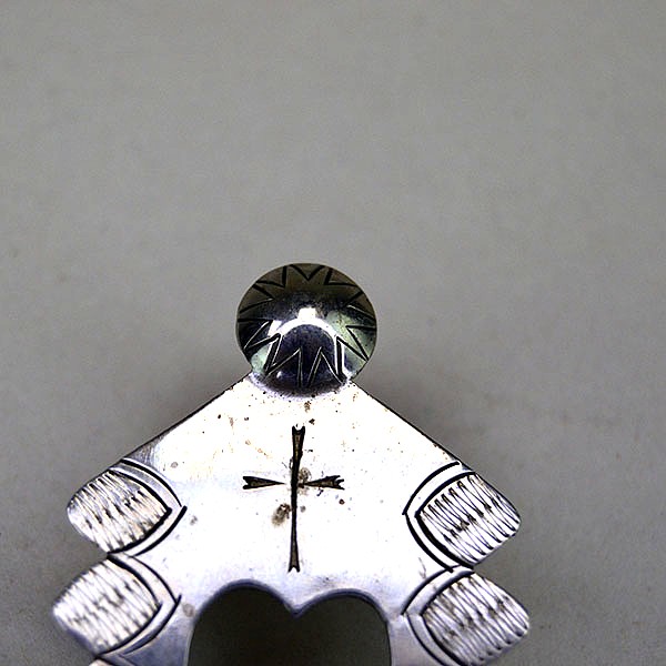 German silver Scarf Slide- Cross & Moon and heart cutout, finished with stamped designs and maker’s mark RR. Measures 3 inches by .75 inches. Pictured here is the cross and the hand stamped star.