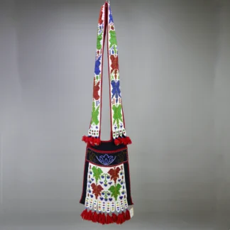 Vintage Bag- Bandolier Loom Beaded featuring colorful maple leaf designs, a fully beaded strap, wool tassels, and excellent craftsmanship. one of a kind.