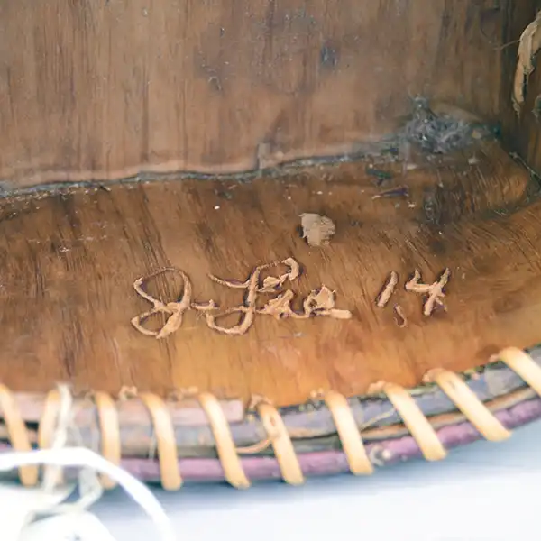 Basket- Ash Bark with spruce‑root stitching and Jennifer Lee’s signature—perfect for your collection. Approx. 7.5″ by 4.5″ One of a Kind. j lee 14 signature in side.
