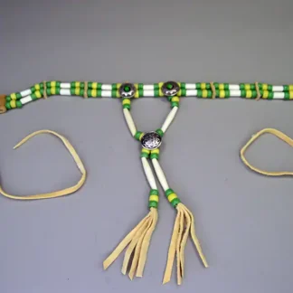 Handcrafted bone hairpipe Choker- Green & Yellow Crow beads, white-center pony beads, deerskin leather. approx. 15 inches. One of a Kind.