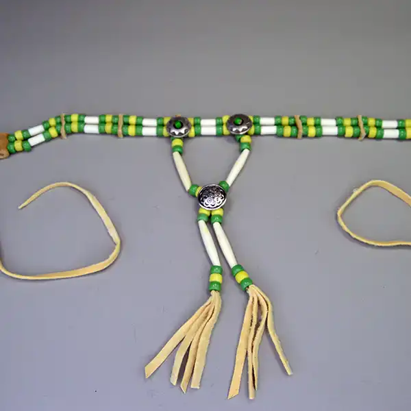 Handcrafted bone hairpipe Choker- Green & Yellow Crow beads, white-center pony beads, deerskin leather. approx. 15 inches. One of a Kind.