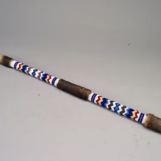 Handcrafted 18" Dance Stick- Otter Fur show cases vibrant peyote stitch beadwork, otter fur accents, and traditional craftsmanship for Powwow use.