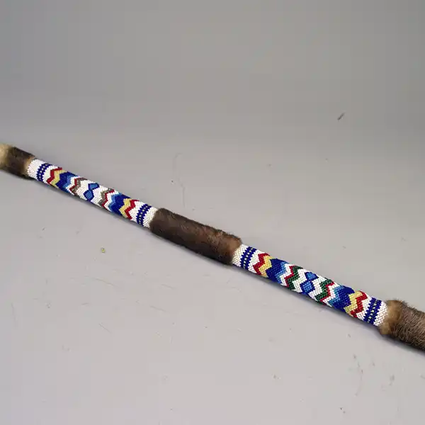 Handcrafted 18" Dance Stick- Otter Fur show cases vibrant peyote stitch beadwork, otter fur accents, and traditional craftsmanship for Powwow use.