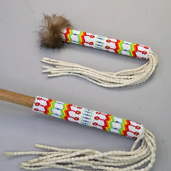 Beaded Rattle- Gourd Dance 18" with Peyote Stitch tubes, geometric beadwork, pheasant feathers, otter fur, and colorful 11/0 seed beads. One of a Kind. The peyote stitch on both handles matching.