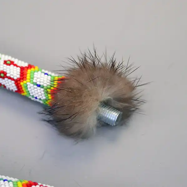 Beaded Rattle- Gourd Dance 18" with Peyote Stitch tubes, geometric beadwork, pheasant feathers, otter fur, and colorful 11/0 seed beads. One of a Kind. the otter fur at the top of the small handle.