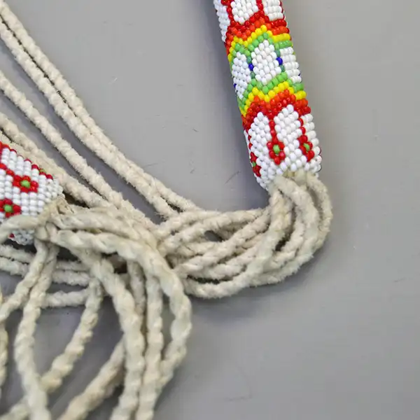 Beaded Rattle- Gourd Dance 18" with Peyote Stitch tubes, geometric beadwork, pheasant feathers, otter fur, and colorful 11/0 seed beads. One of a Kind. The twisted tassels'
