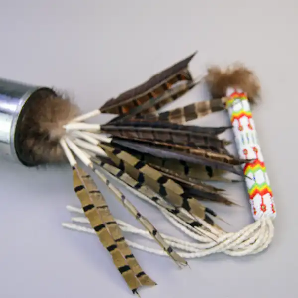 Beaded Rattle- Gourd Dance 18" with Peyote Stitch tubes, geometric beadwork, pheasant feathers, otter fur, and colorful 11/0 seed beads. One of a Kind. Pictured here is the top of rattle and showing the small handle.