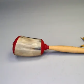 Vintage handcrafted Rattle- Horn with red painted accents and deerskin lacing. Perfect for collections, displays, and cultural gatherings. Approx. 9.5"