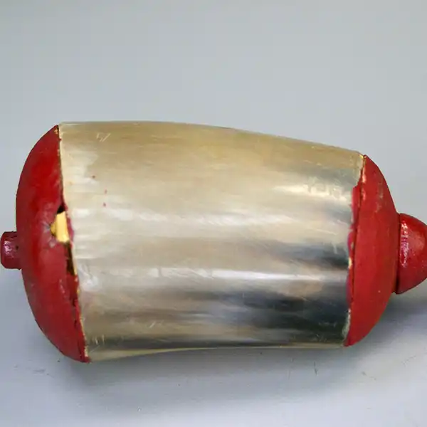 Vintage handcrafted Rattle- Horn with red painted accents and deerskin lacing. Perfect for collections, displays, and cultural gatherings. Approx. 9.5". pictured here is the horn colors.