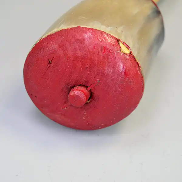 Vintage handcrafted Rattle- Horn with red painted accents and deerskin lacing. Perfect for collections, displays, and cultural gatherings. Approx. 9.5". Pictured here is the top of the rattle.