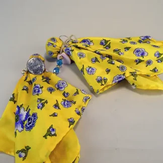 Scarves- Silk Yellow Floral with artisan beadwork, a pink concho heart, turquoise AB beads, and a vintage 1964 Half Dollar accent. One of a Kind.
