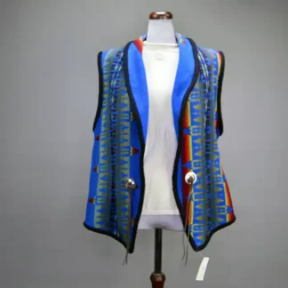 Men's blue wool Vest Pendleton with black wool trim, decorative conchos, and leather lace ties. Estimated to be a Men's size medium. one of a Kind.